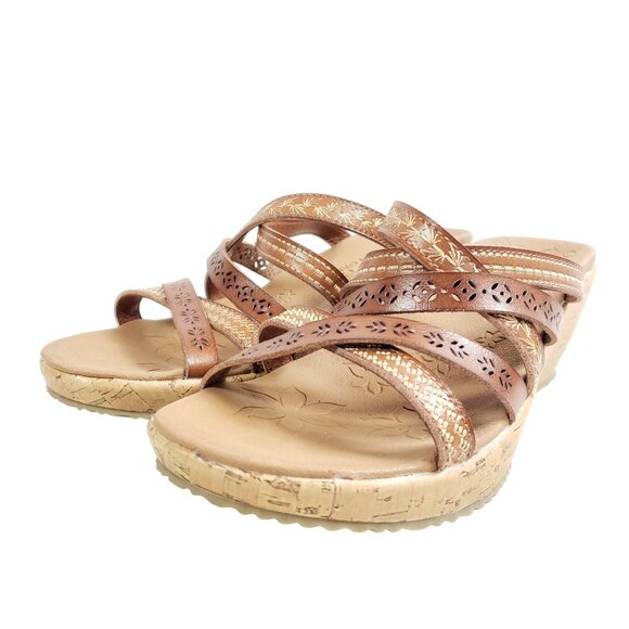 Skechers Luxe Foam Womens Size 8 Brown Wedge Sandals Strappy Floral - Picture 2 of 8